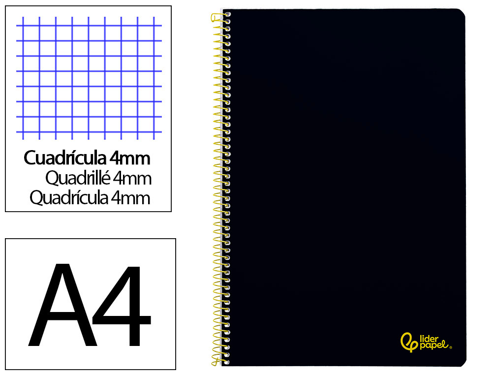 CUADERNO ESPIRAL LIDERPAPEL A4 SMART TAPA BLANDA 80H 75GR CUADRO 4MM CON MARGEN COLOR NEGRO