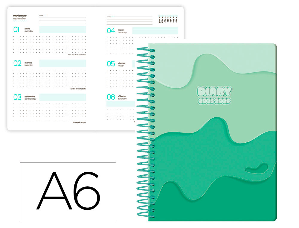 AGENDA ESCOLAR LIDERPAPEL 25-26 ESPIRAL MELTING VERDE SEMANA VISTA A6 BILINGE PAPEL FSC 80 GR