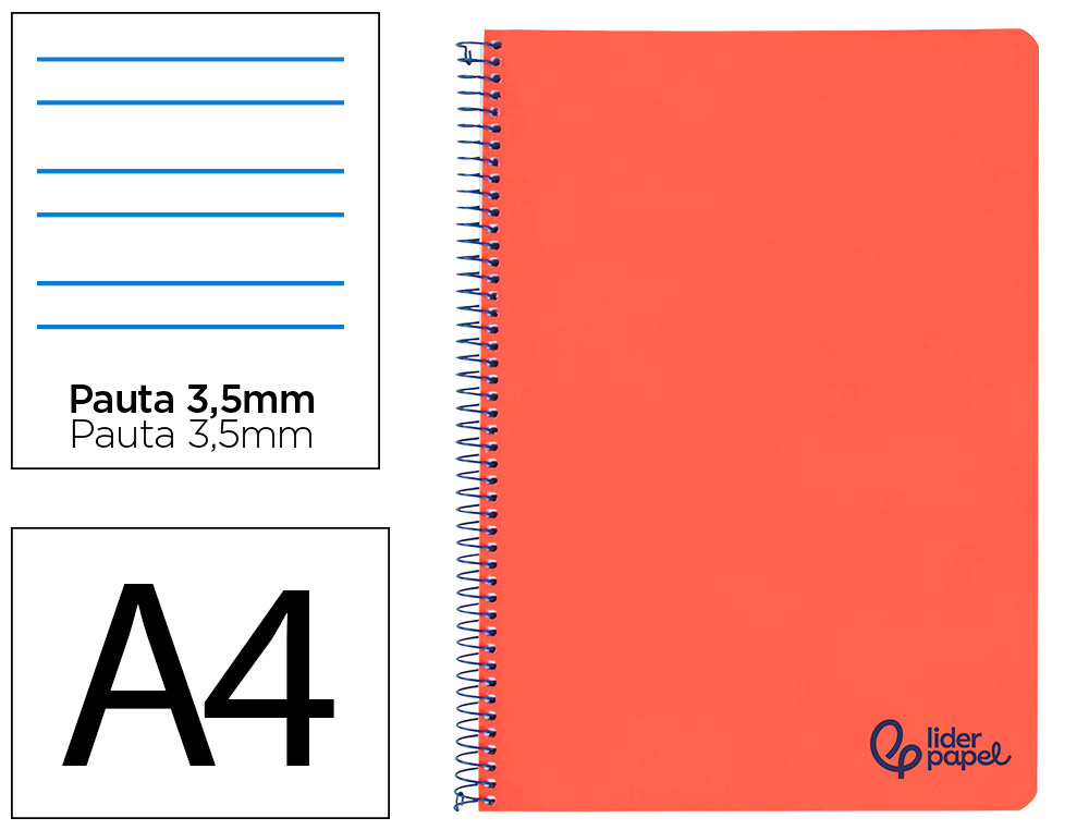 CUADERNO ESPIRAL LIDERPAPEL A4 WONDER TAPA PLASTICO 80H 90GR PAUTA ANCHA 3,5MM CON MARGEN COLOR ROJO